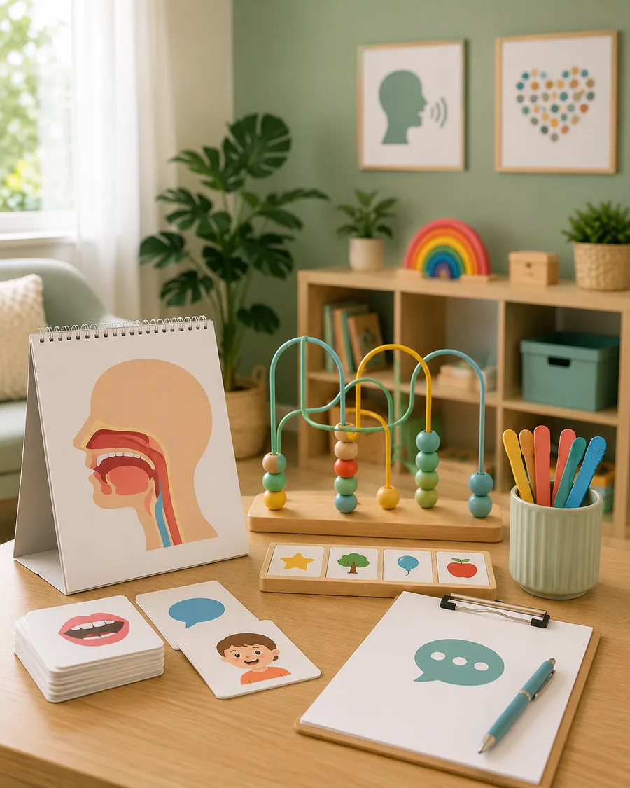 Ilustração de materiais de fonoaudiologia e psicomotricidade